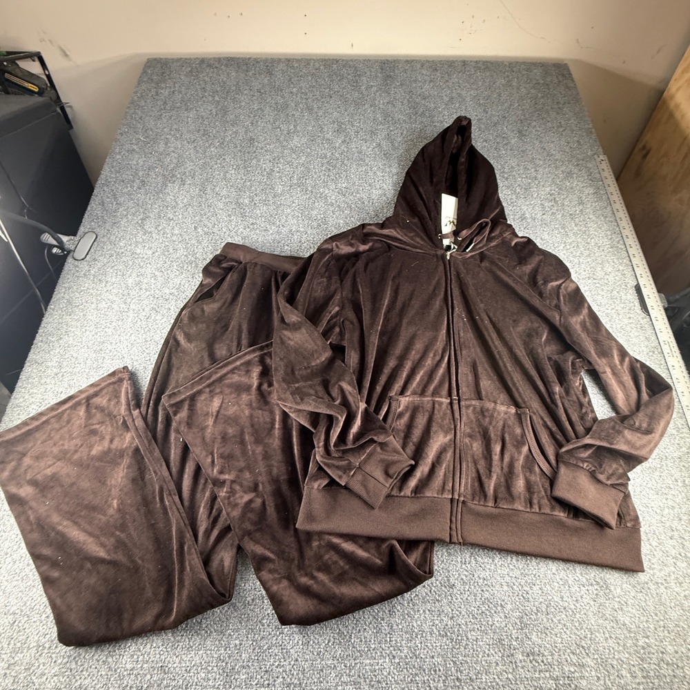 Wild Fable Brown Velour Tracksuit Set Zip Hoodie Wide Leg Pants 1XL 2929-02 NEW